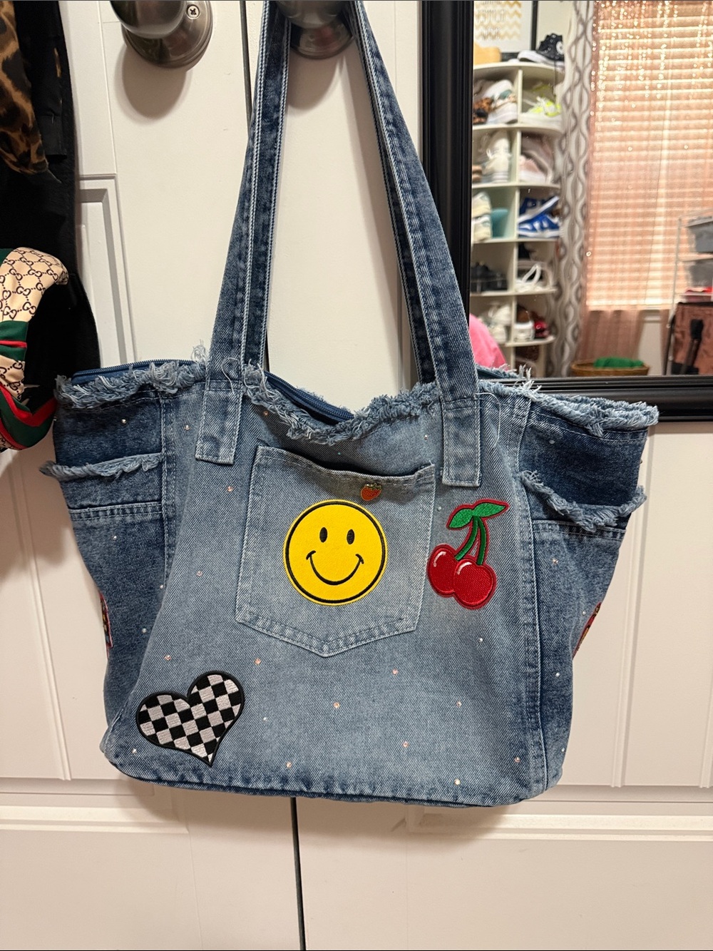 Denim Tote Bag with Pink Patch & Cherry Appliqué